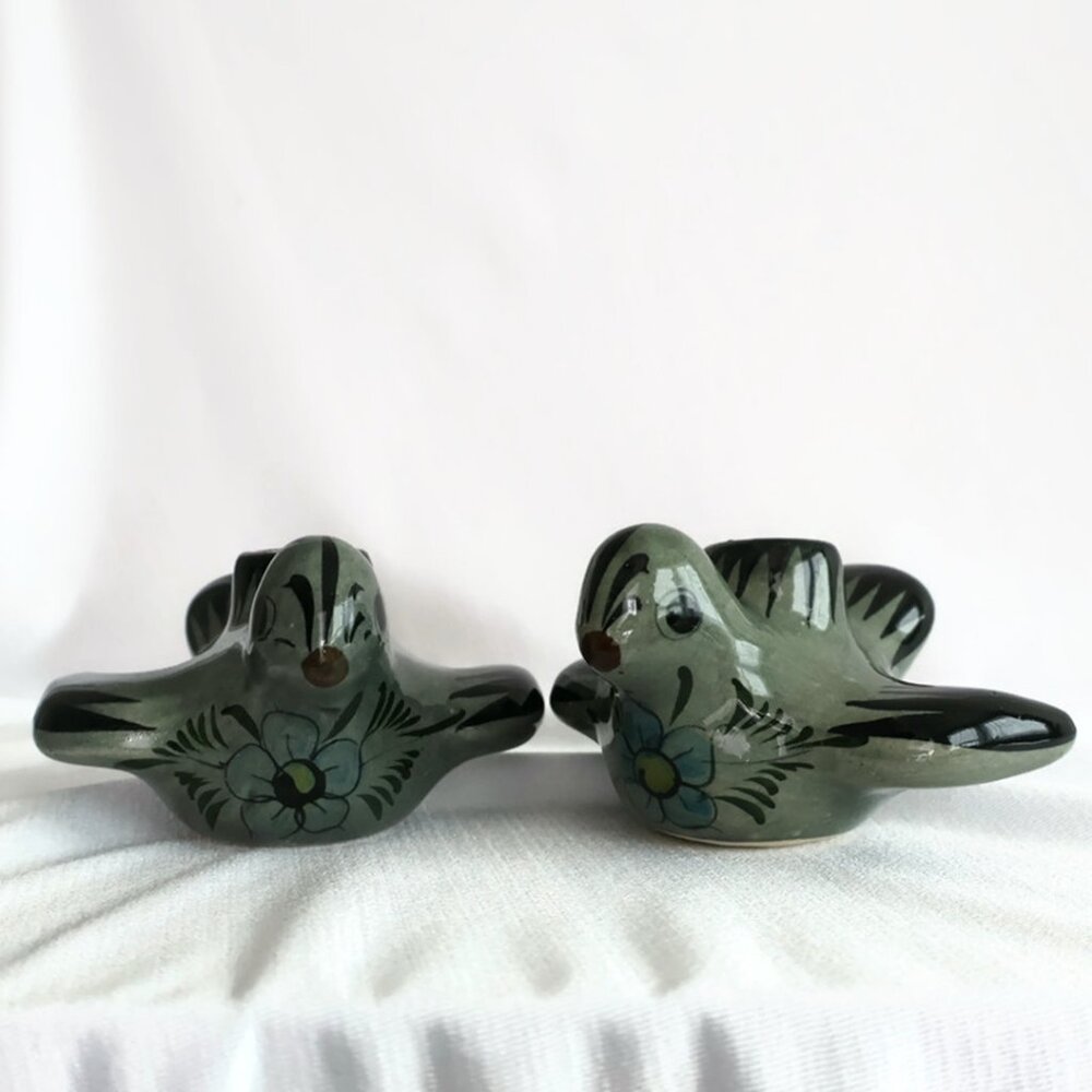 Tonala Ceramic Bird Candlestick Set - Vintage -  Mexico - Grey/green